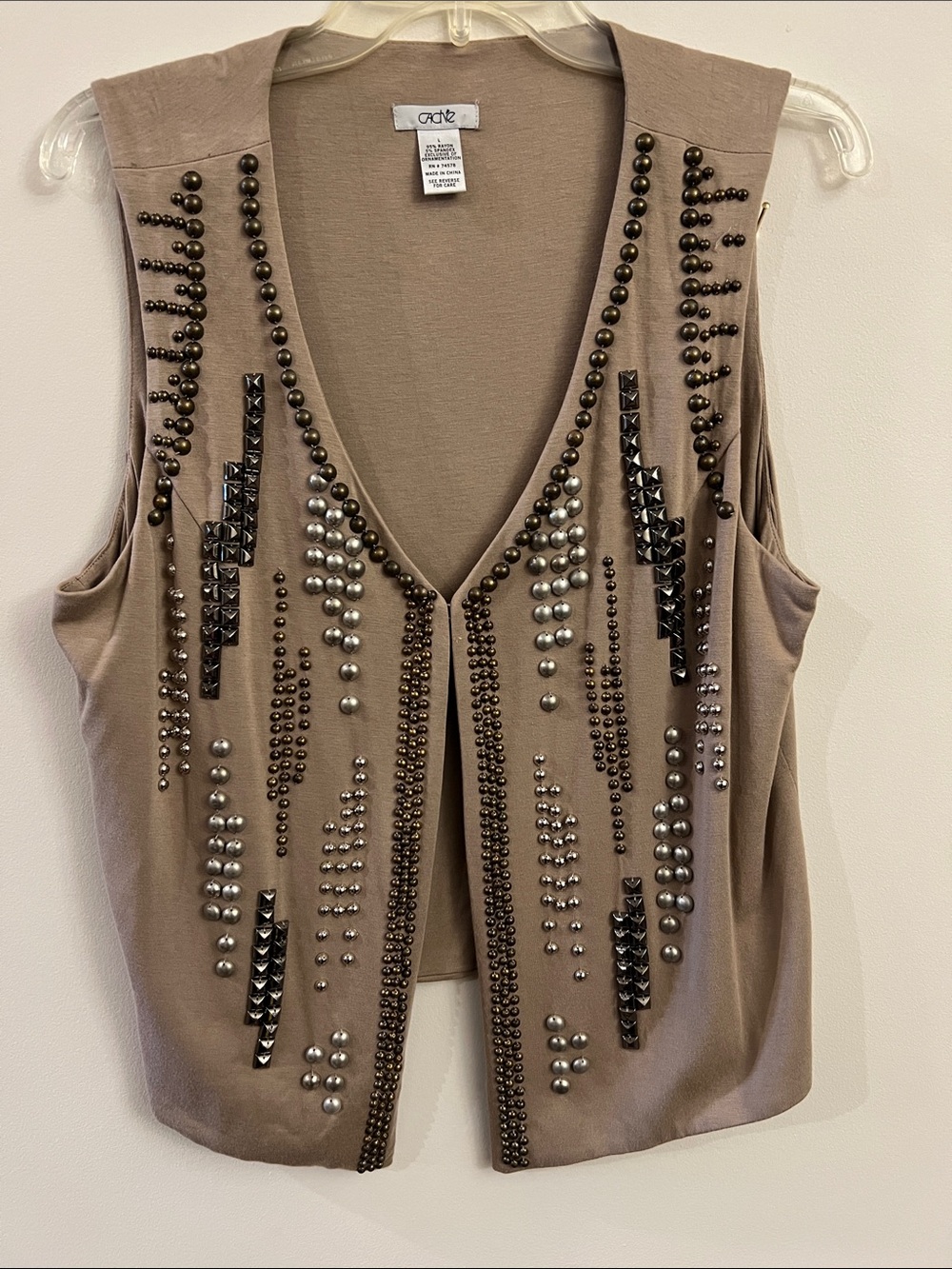 Cache Taupe Sleeveless V-Neck Embellished Tunic Vest